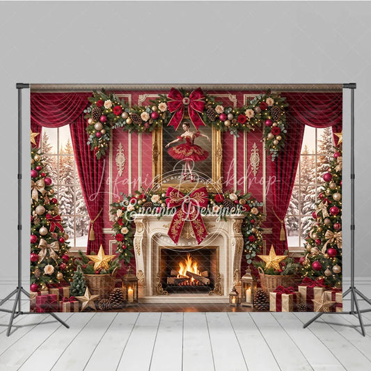 Lofaris Elegant Red and Gold Christmas Holiday Backdrop Fireplace Decorated Trees Ballerina Painting for Festive Parties