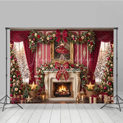 Lofaris Elegant Red and Gold Christmas Holiday Backdrop Fireplace Decorated Trees Ballerina Painting for Festive Parties