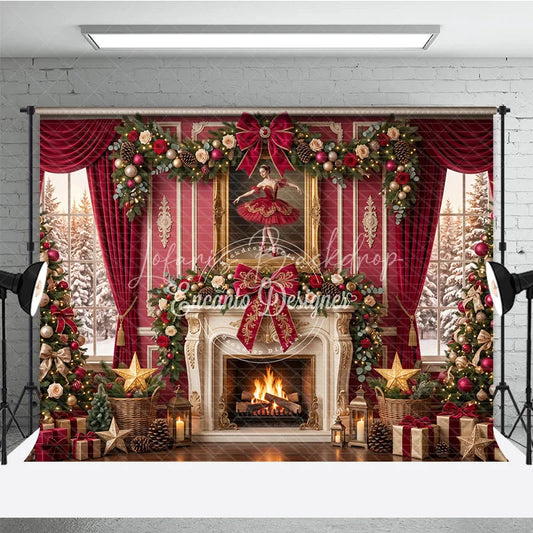 Lofaris Elegant Red and Gold Christmas Holiday Backdrop Fireplace Decorated Trees Ballerina Painting for Festive Parties