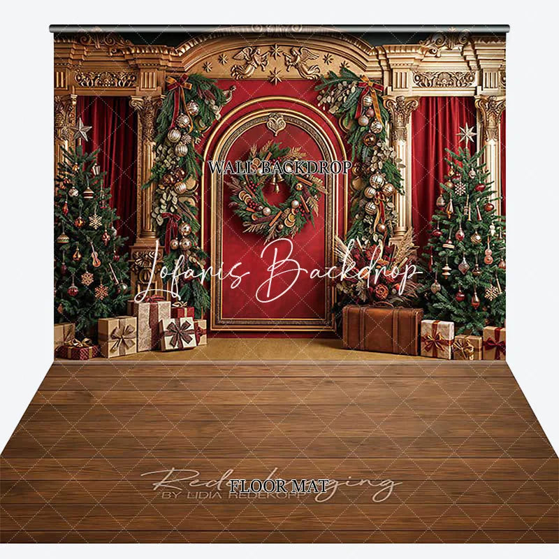 Lofaris Elegant Red and Gold Christmas Tree Wreath Gifts Combo Set Backdrop Festive Holiday Party Decor