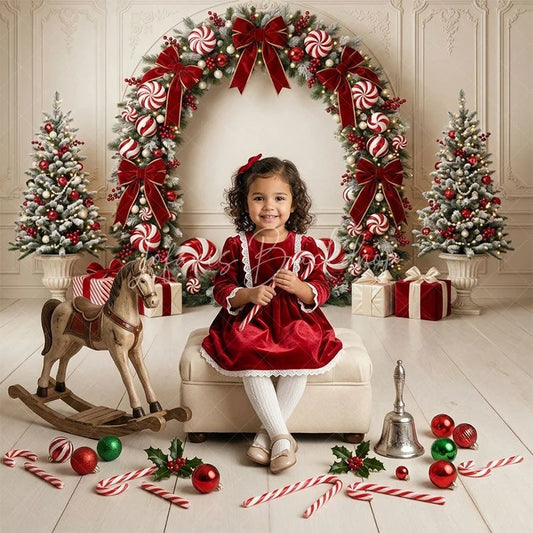 Lofaris Elegant Red and White Christmas Wreath Combo Set Backdrop featuring Candy Canes Gift Boxes Trees