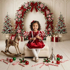 Lofaris Elegant Red and White Christmas Wreath Combo Set Backdrop featuring Candy Canes Gift Boxes Trees