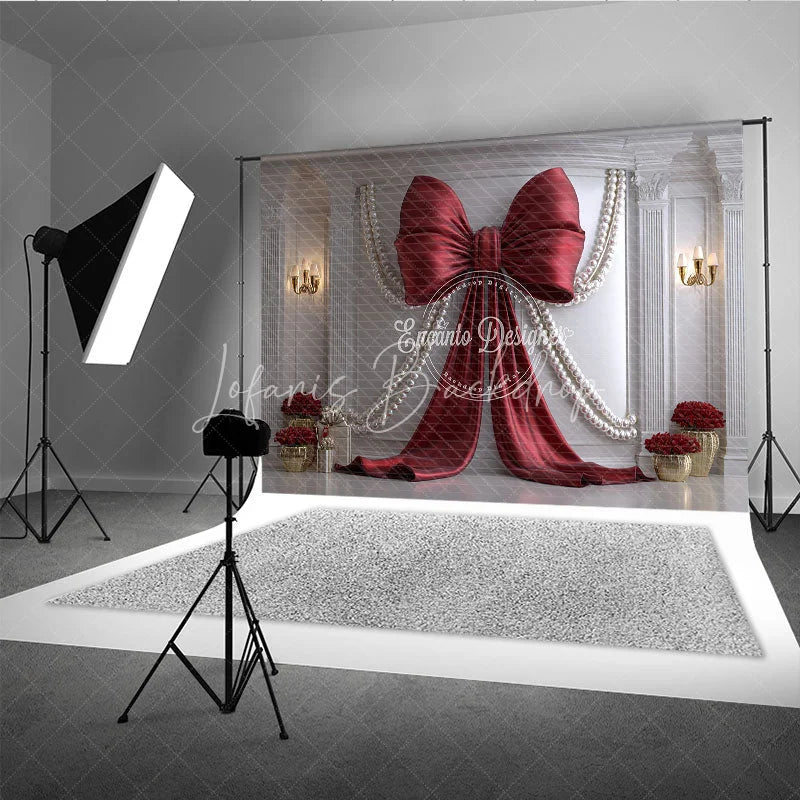 Lofaris Elegant Red Bow and Pearl Photography Backdrop Classic White Wall with Gold Decor for Celebrations