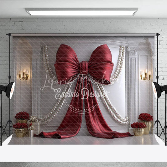 Lofaris Elegant Red Bow and Pearl Photography Backdrop Classic White Wall with Gold Decor for Celebrations