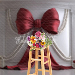 Lofaris Elegant Red Bow and Pearl Photography Backdrop Classic White Wall with Gold Decor for Celebrations