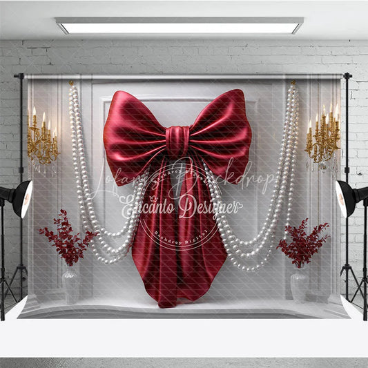 Lofaris Elegant Red Bow and Pearl Photography Backdrop Luxurious White Mantelpiece for Festive Celebrations