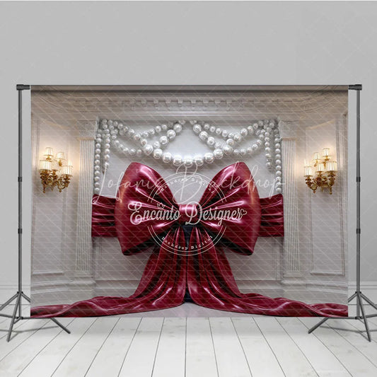 Lofaris Elegant Red Bow Photography Backdrop with Pearl Garlands Ornate White Wall and Gold Sconces Decor