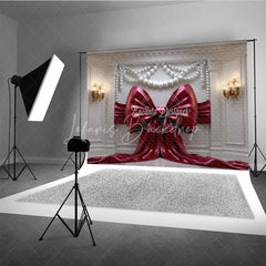 Lofaris Elegant Red Bow Photography Backdrop with Pearl Garlands Ornate White Wall and Gold Sconces Decor