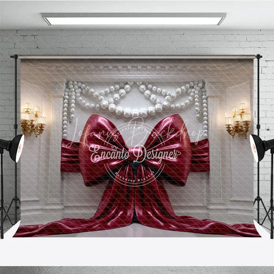 Lofaris Elegant Red Bow Photography Backdrop with Pearl Garlands Ornate White Wall and Gold Sconces Decor