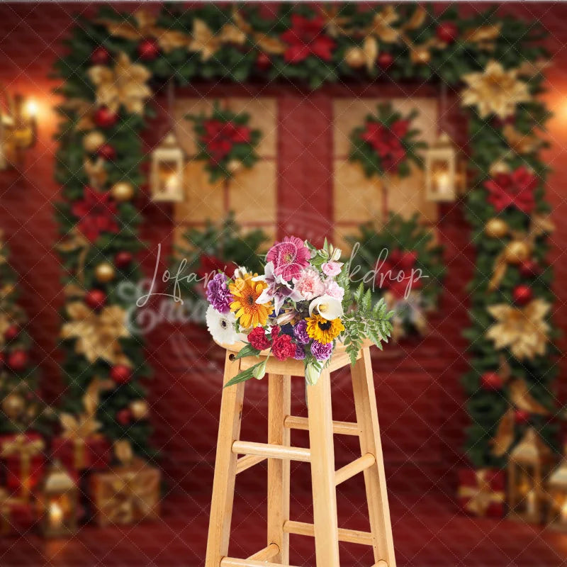 Lofaris Elegant Red Christmas Door Photography Backdrop and Gold Poinsettia Garland Luxury Holiday Photo Background