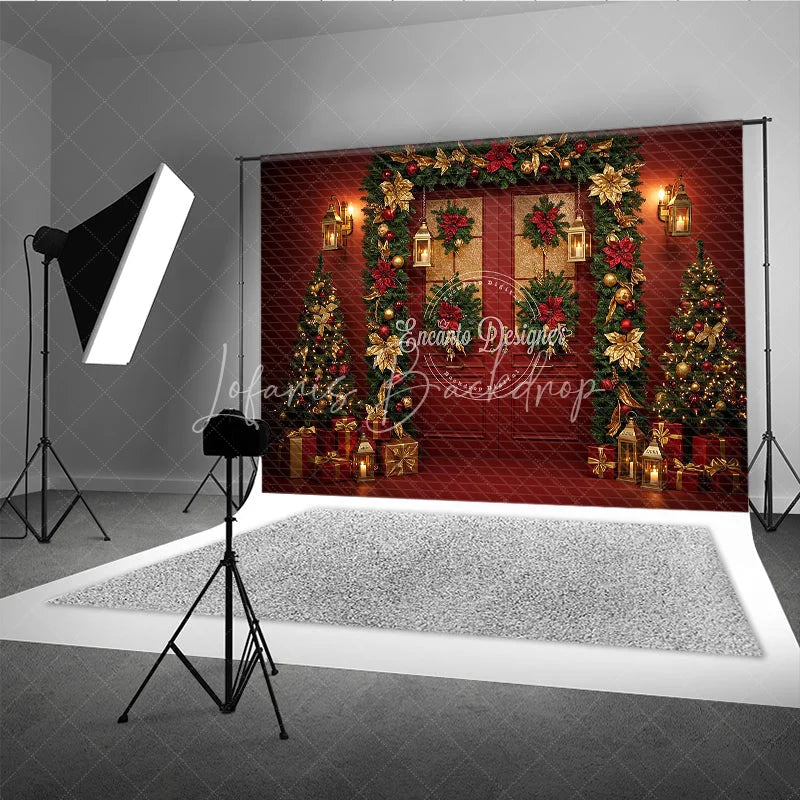 Lofaris Elegant Red Christmas Door Photography Backdrop and Gold Poinsettia Garland Luxury Holiday Photo Background