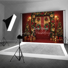 Lofaris Elegant Red Christmas Door Photography Backdrop and Gold Poinsettia Garland Luxury Holiday Photo Background