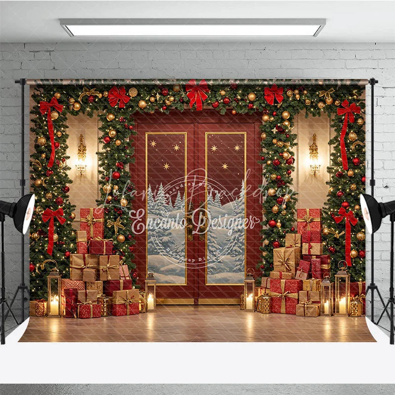 Lofaris Elegant Red Christmas Door Photography Backdrop Snowy Scene with Garland and Trees Holiday Mini Session Background