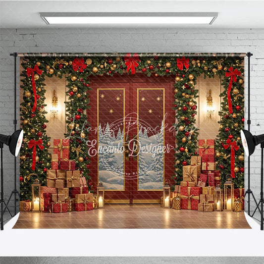 Lofaris Elegant Red Christmas Door Photography Backdrop Snowy Scene with Garland and Trees Holiday Mini Session Background