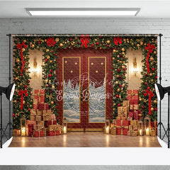 Lofaris Elegant Red Christmas Door Photography Backdrop Snowy Scene with Garland and Trees Holiday Mini Session Background