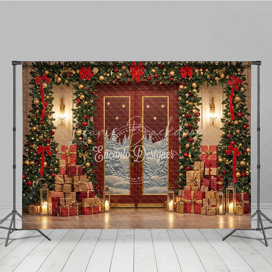 Lofaris Elegant Red Christmas Door Photography Backdrop Snowy Scene with Garland and Trees Holiday Mini Session Background
