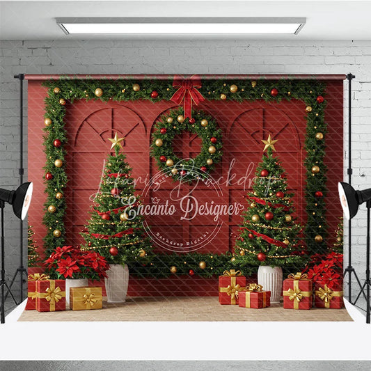 Lofaris Elegant Red Christmas Wall Photography Backdrop Garland Frame with Trees Traditional Holiday Photo Background