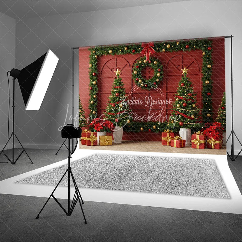 Lofaris Elegant Red Christmas Wall Photography Backdrop Garland Frame with Trees Traditional Holiday Photo Background