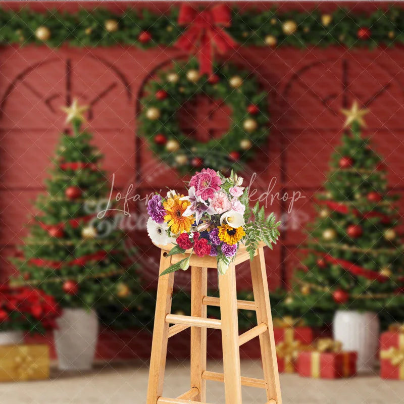 Lofaris Elegant Red Christmas Wall Photography Backdrop Garland Frame with Trees Traditional Holiday Photo Background