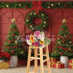 Lofaris Elegant Red Christmas Wall Photography Backdrop Garland Frame with Trees Traditional Holiday Photo Background