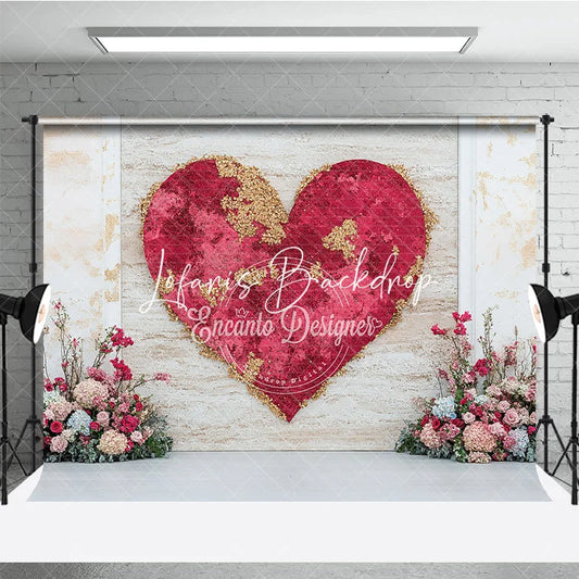 Lofaris Elegant Red Gold Glitter Heart and Floral Photography Backdrop Romantic Valentine’s Day Wedding Celebration Decor