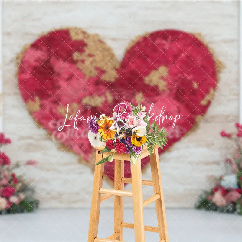 Lofaris Elegant Red Gold Glitter Heart and Floral Photography Backdrop Romantic Valentine’s Day Wedding Celebration Decor