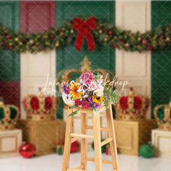Lofaris Elegant Red Green Gold Christmas Tree and Royal Crown Holiday Backdrop Festive Celebration Decor