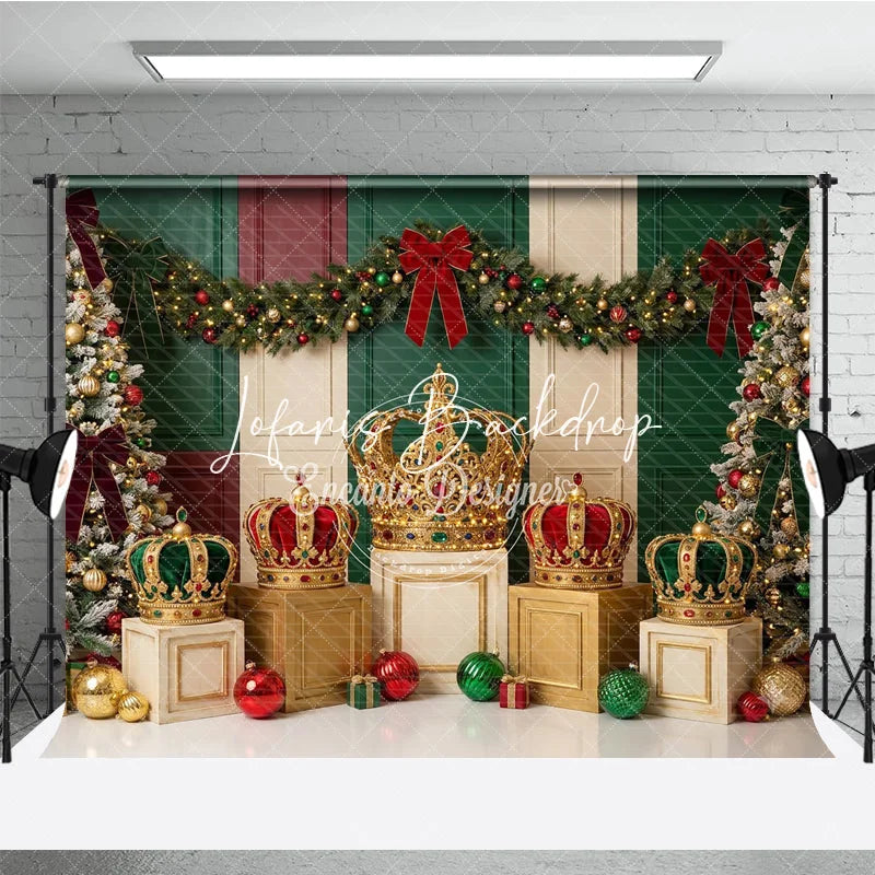 Lofaris Elegant Red Green Gold Christmas Tree and Royal Crown Holiday Backdrop Festive Celebration Decor