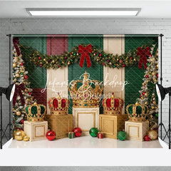 Lofaris Elegant Red Green Gold Christmas Tree and Royal Crown Holiday Backdrop Festive Celebration Decor