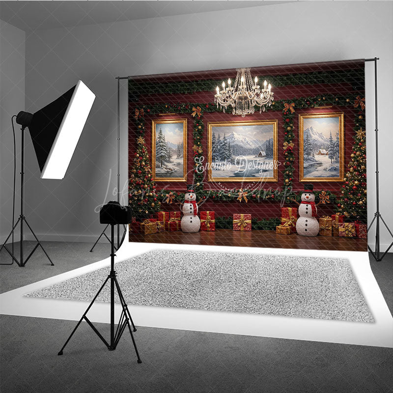 Lofaris Elegant Red Room Christmas Photography Backdrop Snowmen and Chandelier Traditional Holiday Photo Background