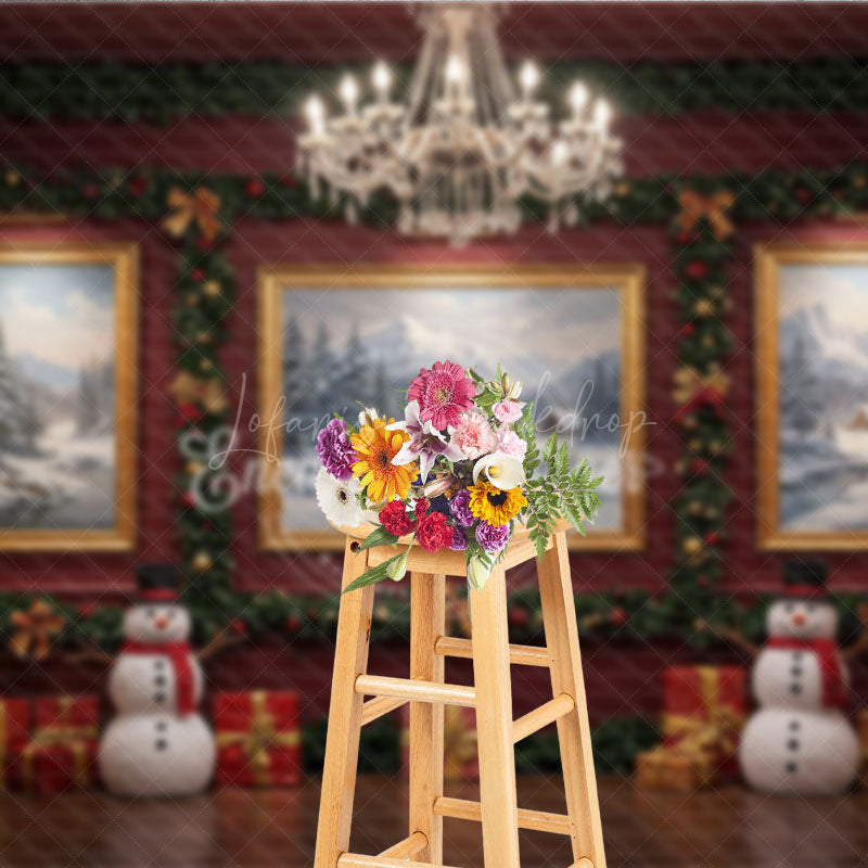 Lofaris Elegant Red Room Christmas Photography Backdrop Snowmen and Chandelier Traditional Holiday Photo Background