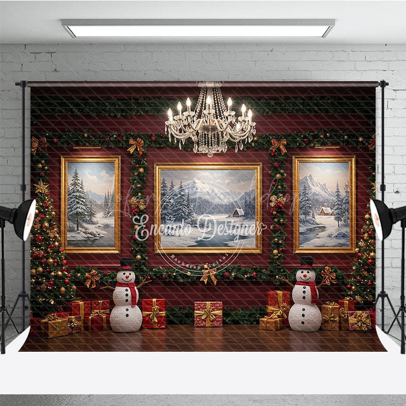 Lofaris Elegant Red Room Christmas Photography Backdrop Snowmen and Chandelier Traditional Holiday Photo Background