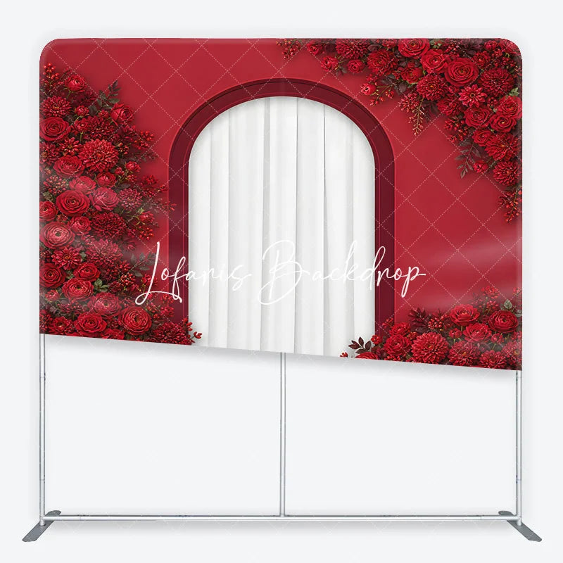 Lofaris Elegant Red Roses and Dahlias Arched Window Square Double-Sided Backdrop Romantic Floral Celebration Decor for Weddings