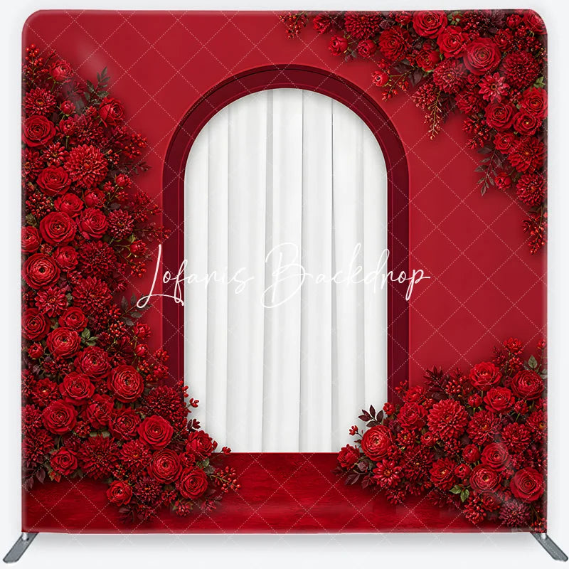 Lofaris Elegant Red Roses and Dahlias Arched Window Square Double-Sided Backdrop Romantic Floral Celebration Decor for Weddings