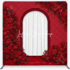 Lofaris Elegant Red Roses and Dahlias Arched Window Square Double-Sided Backdrop Romantic Floral Celebration Decor for Weddings