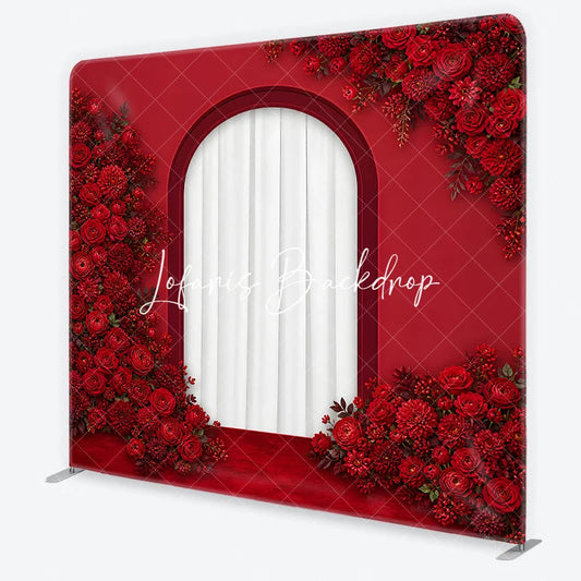 Lofaris Elegant Red Roses and Dahlias Arched Window Square Double-Sided Backdrop Romantic Floral Celebration Decor for Weddings