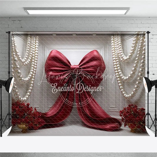 Lofaris Elegant Red Satin Bow and White Pearl Garlands Photography Backdrop Romantic Floral Arrangement for Celebrations