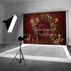 Lofaris Elegant Red Velvet and Gold Arch Holiday Backdrop Festive Christmas Floral Decor with Gifts Lanterns