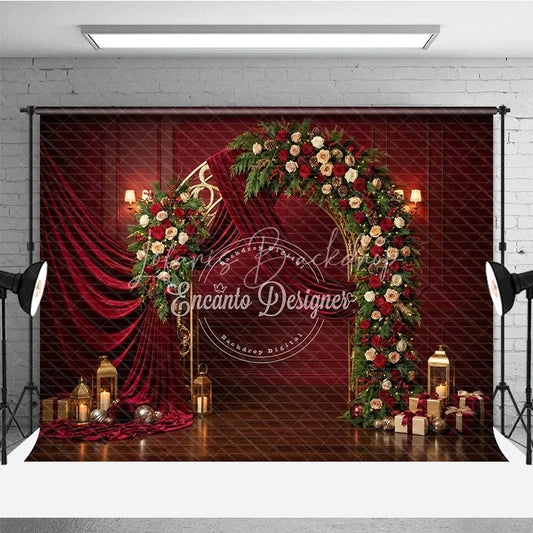 Lofaris Elegant Red Velvet and Gold Arch Holiday Backdrop Festive Christmas Floral Decor with Gifts Lanterns