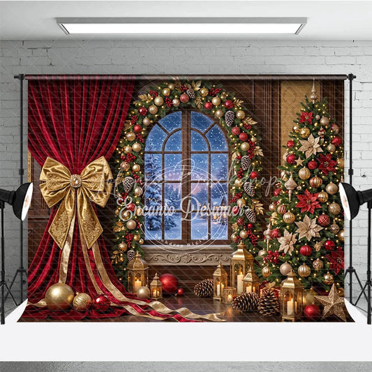 Lofaris Elegant Red Velvet Curtain Gold Bow Holiday Backdrop with Arched Window Snowy Winter Christmas Tree Decor