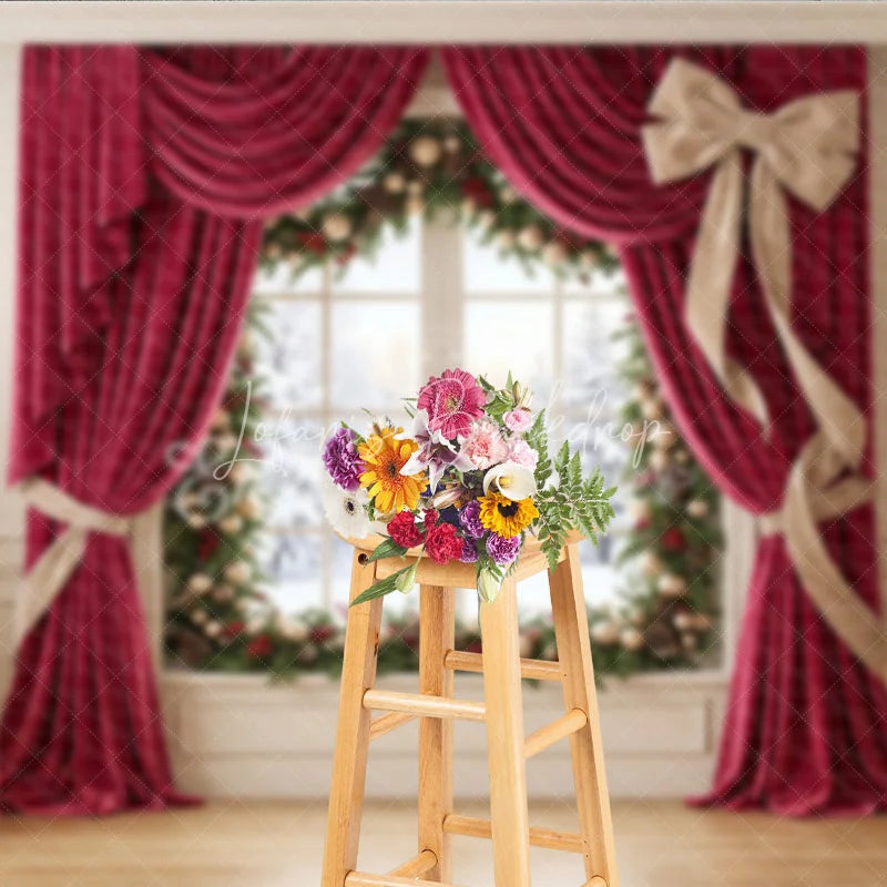 Lofaris Elegant Red Velvet Curtain Holiday Backdrop with Snowy Window and Christmas Trees Festive Winter Decor