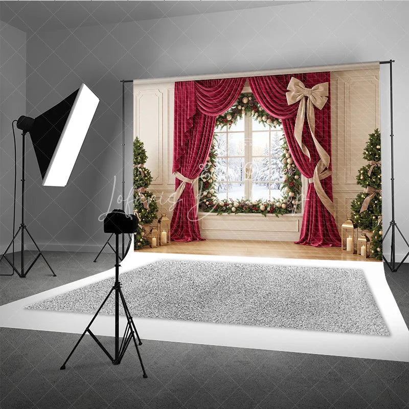 Lofaris Elegant Red Velvet Curtain Holiday Backdrop with Snowy Window and Christmas Trees Festive Winter Decor