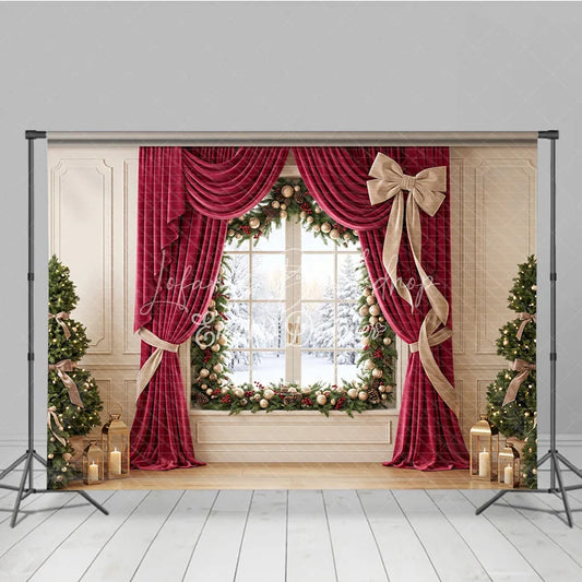 Lofaris Elegant Red Velvet Curtain Holiday Backdrop with Snowy Window and Christmas Trees Festive Winter Decor