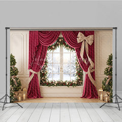 Lofaris Elegant Red Velvet Curtain Holiday Backdrop with Snowy Window and Christmas Trees Festive Winter Decor