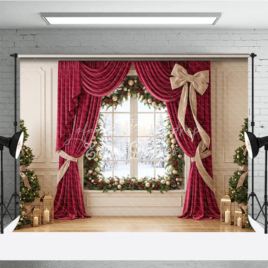 Lofaris Elegant Red Velvet Curtain Holiday Backdrop with Snowy Window and Christmas Trees Festive Winter Decor