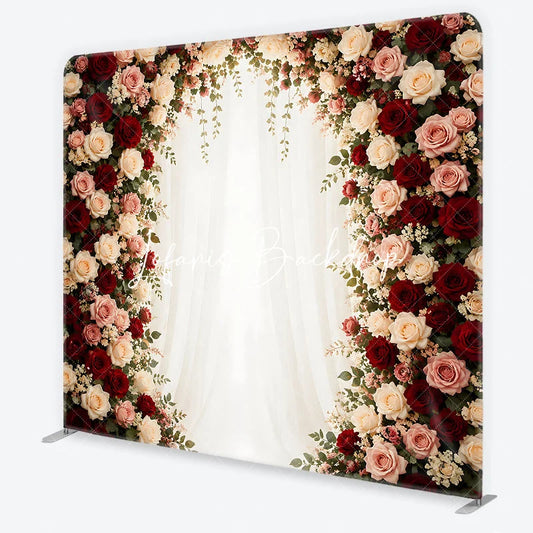 Lofaris Elegant Rose Floral Arch Square Double-Sided Backdrop with Red Pink and White Flowers Wedding Anniversary Decor