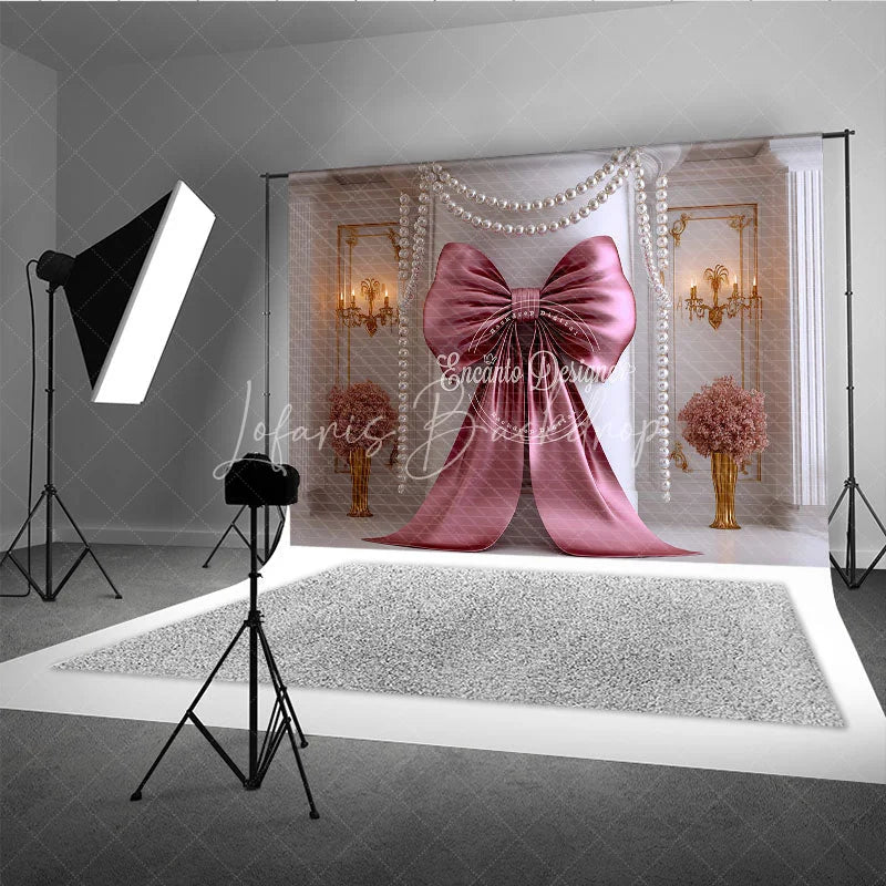 Lofaris Elegant Rose Gold Bow and Pearl Garland Photography Backdrop Classic Luxury Party Decor