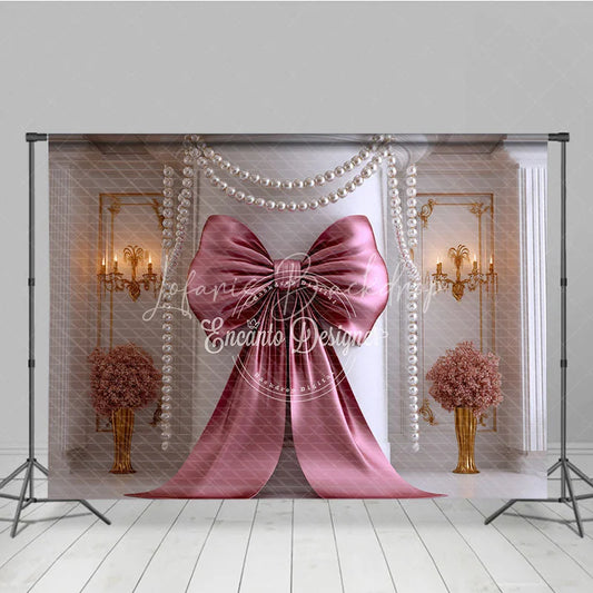 Lofaris Elegant Rose Gold Bow and Pearl Garland Photography Backdrop Classic Luxury Party Decor