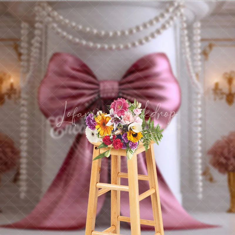 Lofaris Elegant Rose Gold Bow and Pearl Garland Photography Backdrop Classic Luxury Party Decor