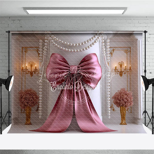 Lofaris Elegant Rose Gold Bow and Pearl Garland Photography Backdrop Classic Luxury Party Decor